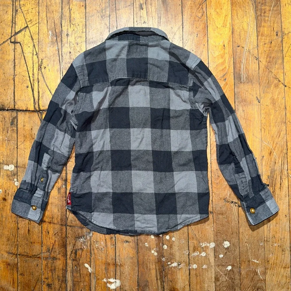 Wrangler Button Up Shirt Boys‎ Sz 5 Gray Black Plaid Cotton Long Sleeve Collared